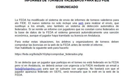 Comunicado sobre el envío de informes de torneos valederos para Elo FIDE