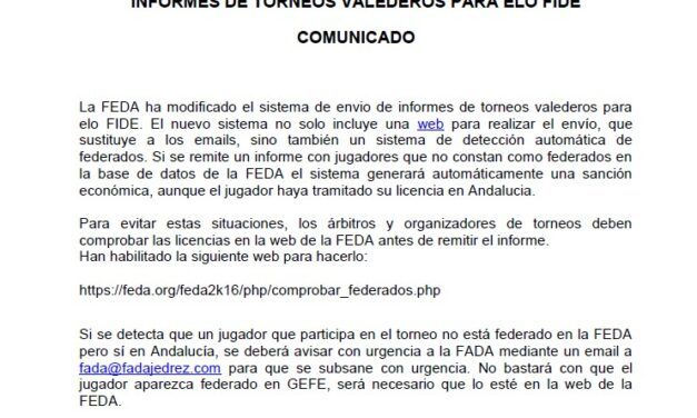 Comunicado sobre el envío de informes de torneos valederos para Elo FIDE