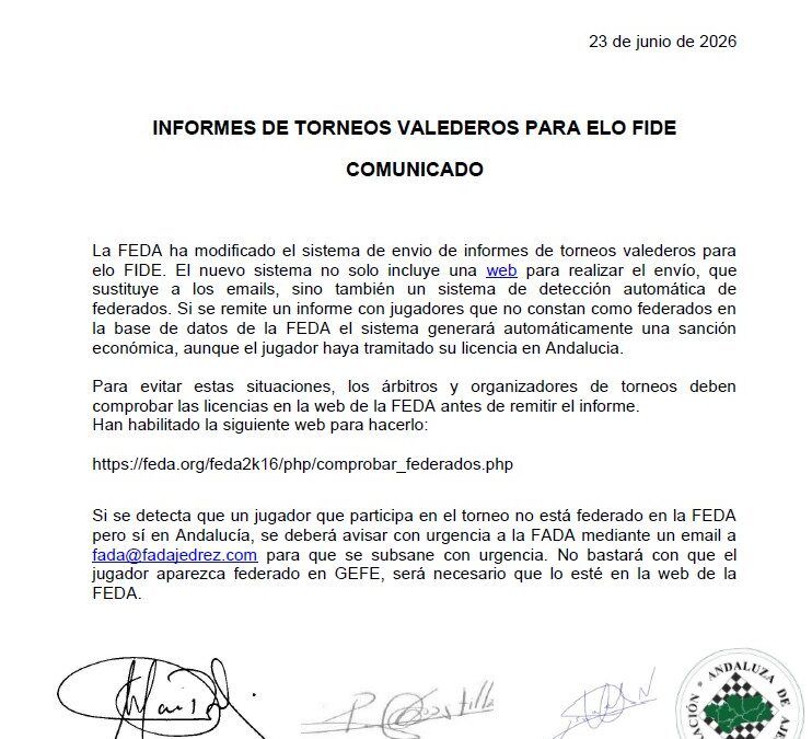 Comunicado sobre el envío de informes de torneos valederos para Elo FIDE